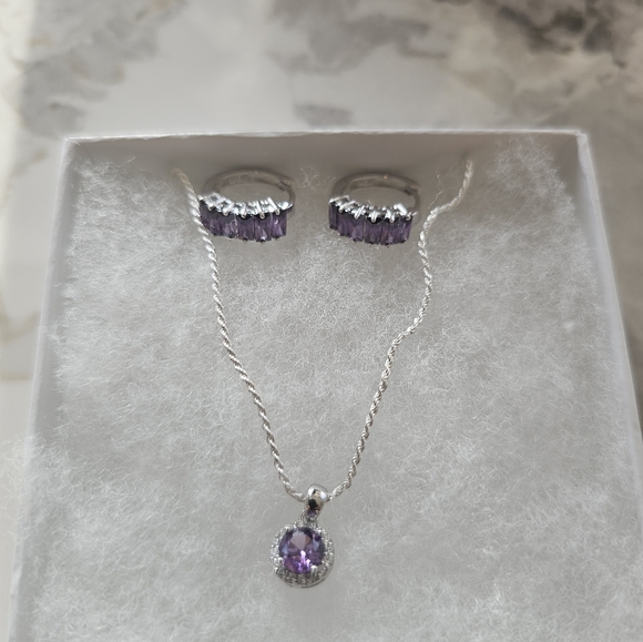 NWOT 925 Silver Amethyst Necklace & Earring Set - Picture 9 of 10